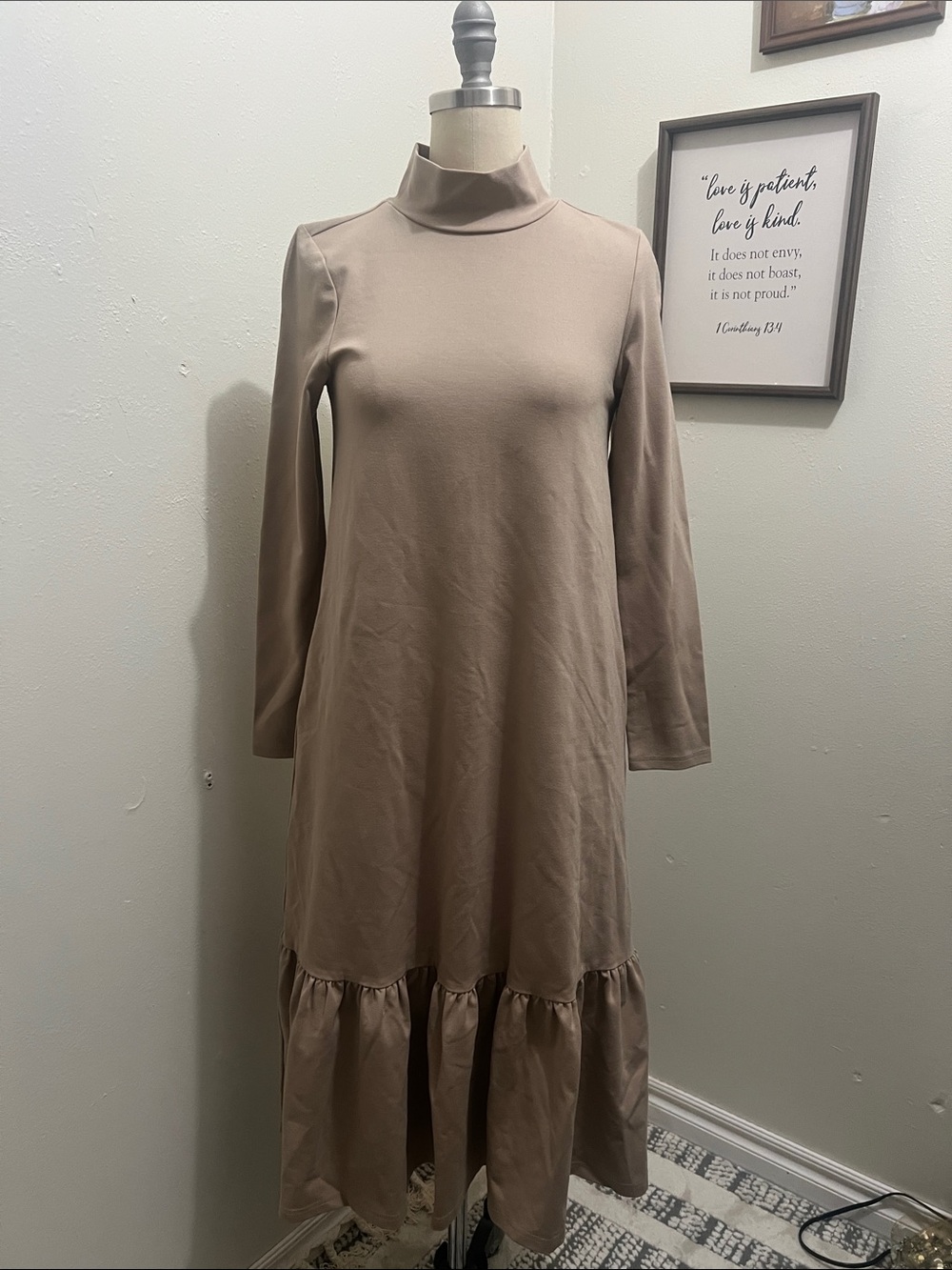 Dainty Jewells Taupe Mock Neck Long Sleeve Ruffle-Hem Maxi Dress